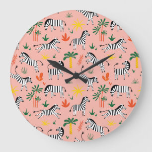 Grande Horloge Ronde Caricature Zebras Funny Motif sans couture