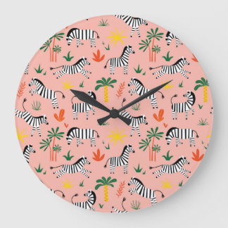 Grande Horloge Ronde Caricature Zebras Funny Motif sans couture