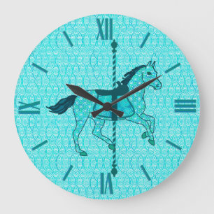 Grande Horloge Ronde Carousel Horse - Turquoise and Aqua