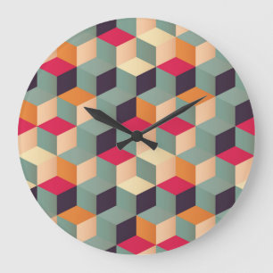 Grande Horloge Ronde Carré coloré, motif rétro géométrique .