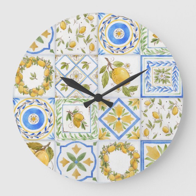 Grande Horloge Ronde Carré Motif Sicilienne Lemons Watercolor (Recto)