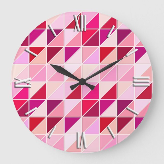Grande Horloge Ronde Carreaux de mosaïque - rose, pêche et bordeaux (Recto)