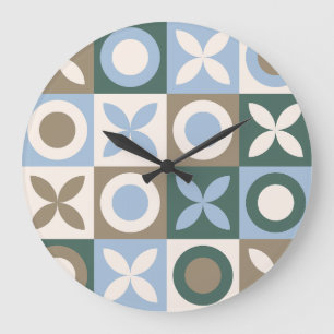 Grande Horloge Ronde Carreaux Mosaïques Géométriques Bleus et Marrons