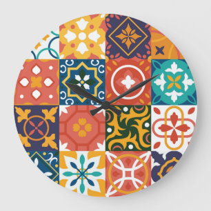 Grande Horloge Ronde Carreaux Vintages géométriques Motif orné