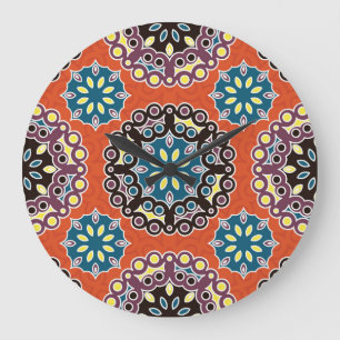 Grande Horloge Ronde Carrelage arabe, motif patchwork vintage.