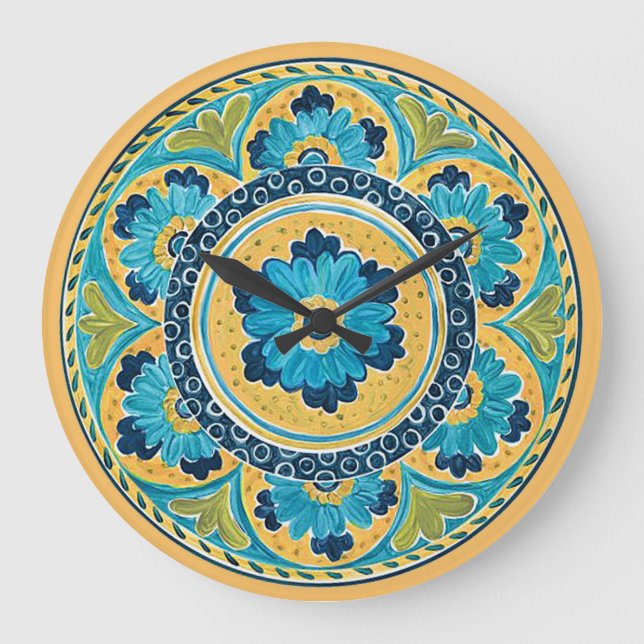 Grande Horloge Ronde Carrelage bleu Floral Mexicain (Recto)