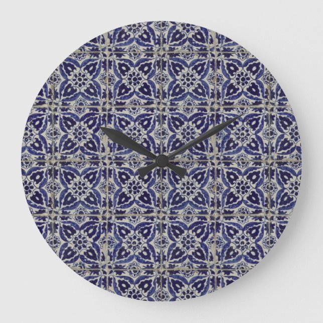 Grande Horloge Ronde Carrelage italien rustique Azulejo bleu blanc géom (Recto)