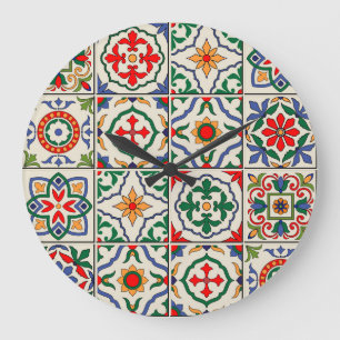 Grande Horloge Ronde Carrelage marocain : Motif coloré sans couture.