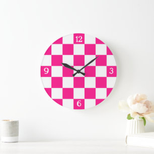 Grande Horloge Ronde Carrés à carreaux rose vif blanc géométrique rétro
