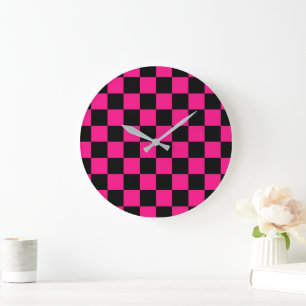 Grande Horloge Ronde Carrés à carreaux rose vif noir géométrique rétro