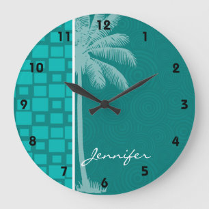 Grande Horloge Ronde Carrés turquoise tropicaux