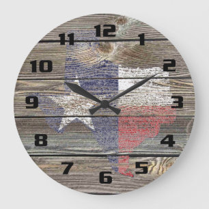 Grande Horloge Ronde Carte authentique et rustique du Texas et drapeau