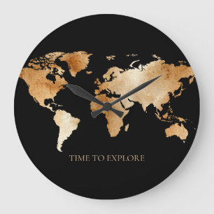 Grande Horloge Ronde Carte du monde à l'aquarelle noire et or 