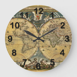 Grande Horloge Ronde Carte du monde antique usée n° 2