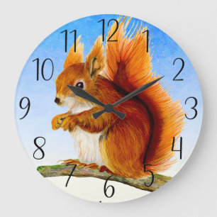 Grande Horloge Ronde Carte postale Peinture à l'aquarelle d'écureuil ro