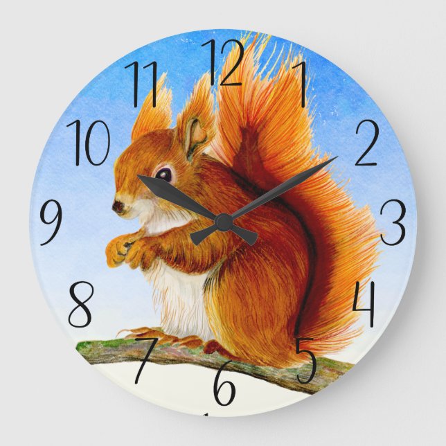 Grande Horloge Ronde Carte postale Peinture à l'aquarelle d'écureuil ro (Recto)