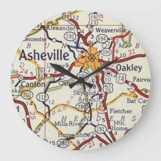 Grande Horloge Ronde Carte Vintage d'Asheville