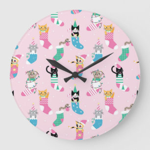 Grande Horloge Ronde Cartographie Chats Noël Motif sans couture