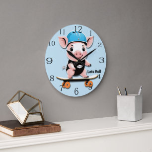 Grande Horloge Ronde Cartoon Bébé Cochon Monter Un Skateboard Permet De