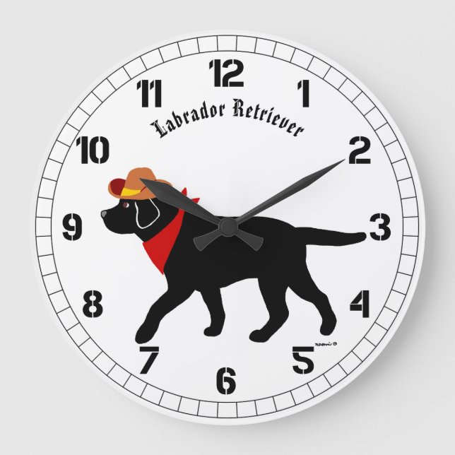Grande Horloge Ronde Cartoon Black Labrador Cowboy (Recto)