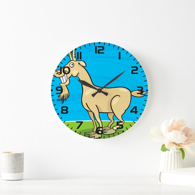 Grande Horloge Ronde Cartoon de chèvre souriant animal de ferme (Créateur téléchargé)