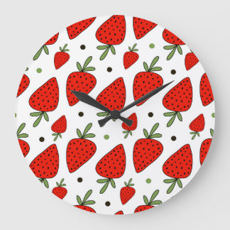 Grande Horloge Ronde Cartoon Red Strawberries Motif sans couture
