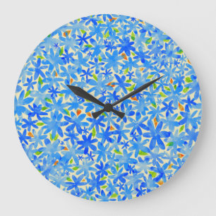 Grande Horloge Ronde Cascade florale : Fleurs bleues Motif sans couture