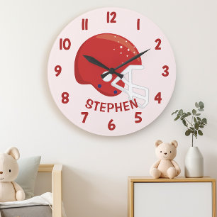 Grande Horloge Ronde Casque de Football Rouge Mignon pour Garçons sur l
