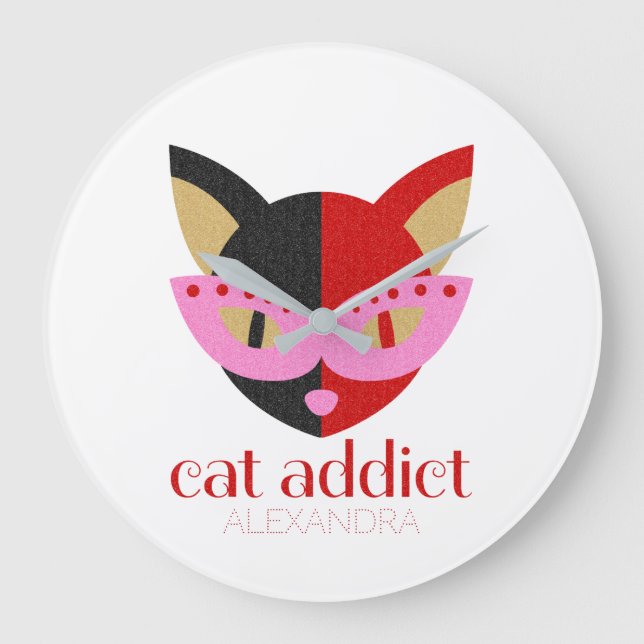Grande Horloge Ronde Cat Addict Cute Black Red Pink Name Personalized (Recto)