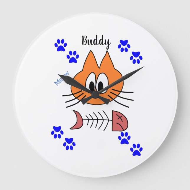 Grande Horloge Ronde Cat Fish Bones Paws Meow Clock (Recto)