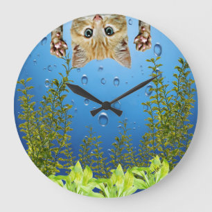 Grande Horloge Ronde Cat Looking Inside Fish Tank Funny