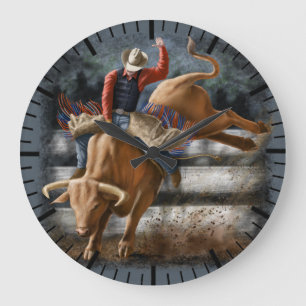 Grande Horloge Ronde Cavalier de Rodéo Cowboy Taureau Buck Western Thèm