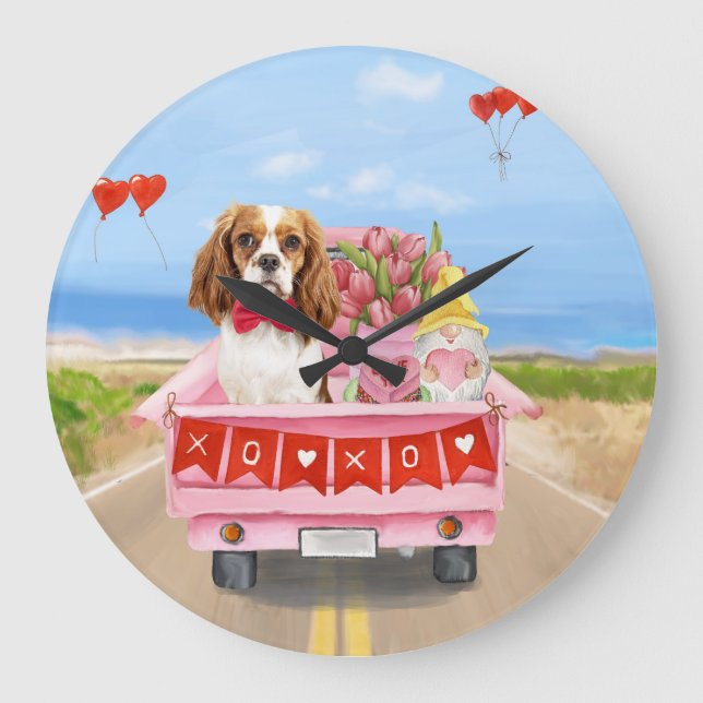Grande Horloge Ronde Cavalier King Chien Saint Valentin Coeurs de Camio (Recto)