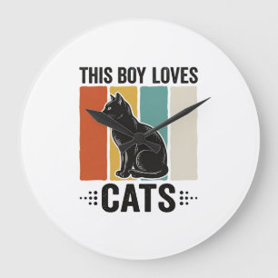 Grande Horloge Ronde Ce garçon aime les chats Design Rétro pour amateur