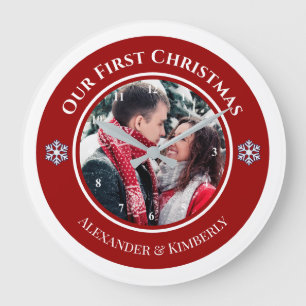 Grande Horloge Ronde Cercle rouge et blanc de Noël avec textes en haut 