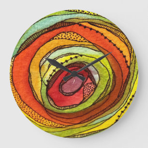 Grande Horloge Ronde Cercles aquarelles colorés et marques d'encre