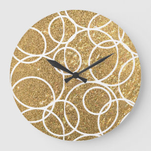 Grande Horloge Ronde Cercles blancs géométriques Parties scintillant or