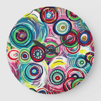 Grande Horloge Ronde Cercles colorés et torsades Art Abstrait original