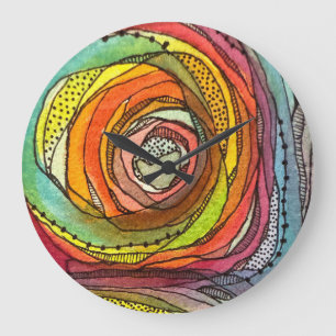 Grande Horloge Ronde Cercles de aquarelle arc-en-ciel avec marques à l'