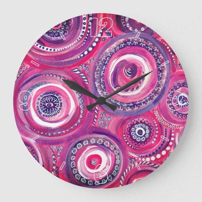 Grande Horloge Ronde Cercles roses et violets et tourbillons Abstraits (Recto)