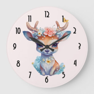 Grande Horloge Ronde Cerf de Bébé mignon avec Antlers et Fleurs
