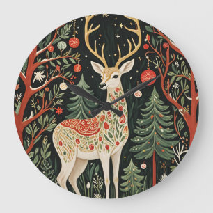 Grande Horloge Ronde Cerf de Noël de la forêt de minuit