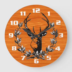 Grande Horloge Ronde Cerf Vintage dans des Feuilles de Laurier sur Bois
