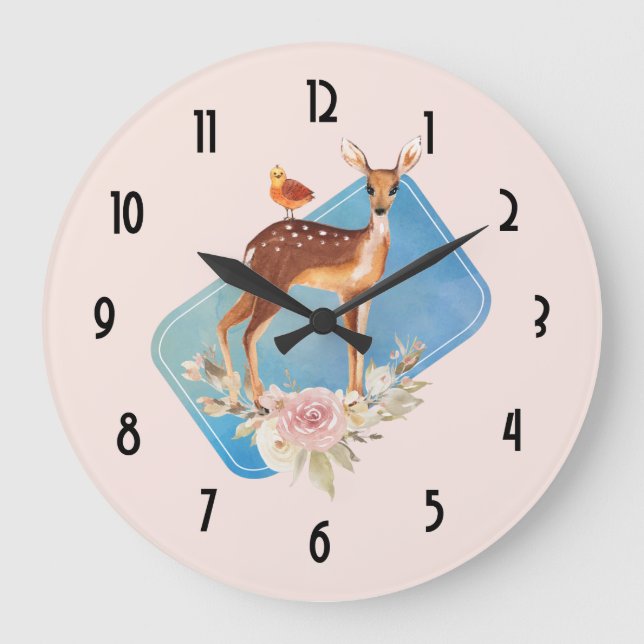 Grande Horloge Ronde Cerfs communs Brown mignons d'aquarelle rustiques (Recto)