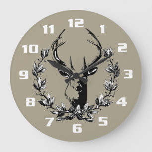 Grande Horloge Ronde Cerfs dans les feuilles de laurier