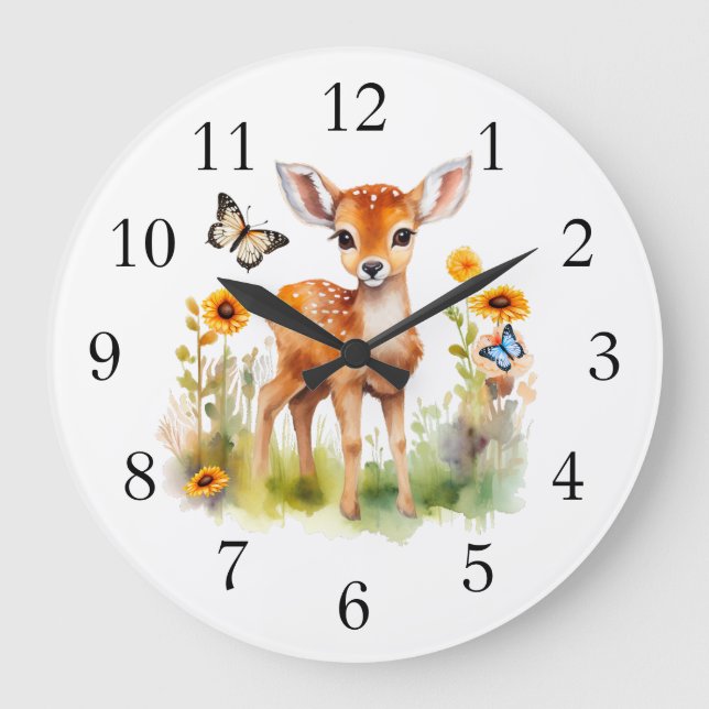Grande Horloge Ronde Cerfs et papillons animaux de bois mignons (Recto)