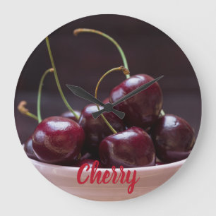 Grande Horloge Ronde Cerises dans un bol rose pour amoureux des fruits
