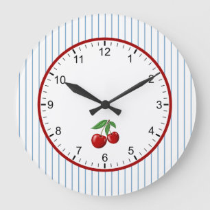 Grande Horloge Ronde Cerises Rouges sur Motif Graphique à Rayures Bleue
