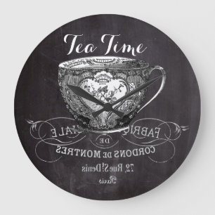 Grande Horloge Ronde Chalkboard Alice à Wonderland tea party teacup