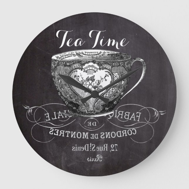 Grande Horloge Ronde Chalkboard Alice à Wonderland tea party teacup (Recto)